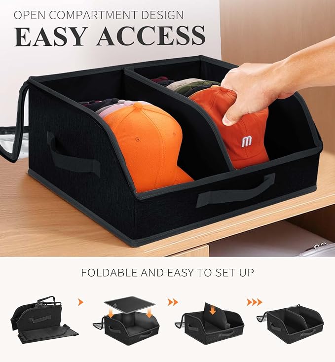 Hat Organizer for Baseball Caps, 2 Compartments Clear Window Hat Box for Closet Hold Up to 24 Caps, Hat Storage Holder Container with Sturdy Cardboard for Home Storage | Black