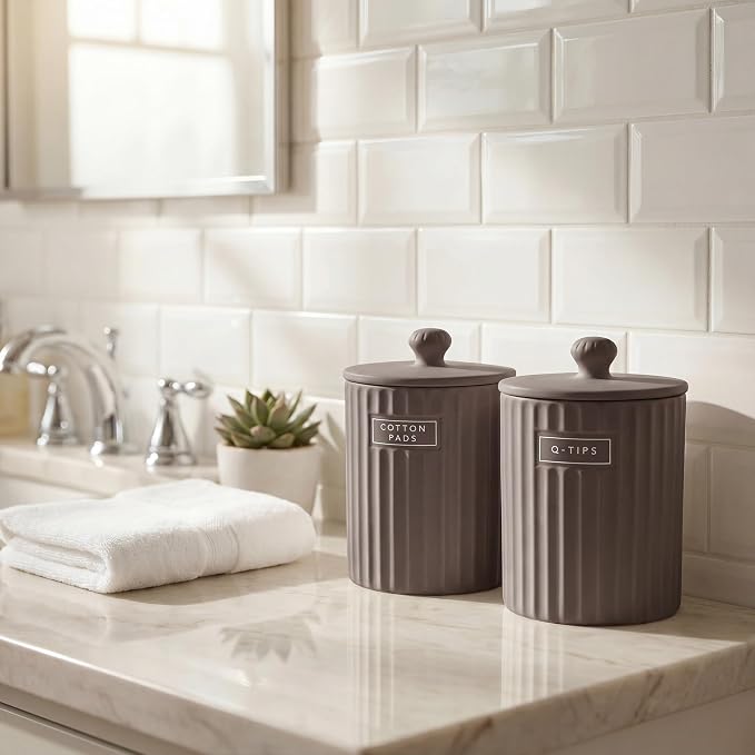 Ronasip Ceramic Bathroom Organizer and Storage Jars with Lid, 2 Pack Qtip Holder and Cotton Pad Dispenser, Apothecary Canisters for Vanity, Kitchen Countertop, Home Decor (2, Gray)