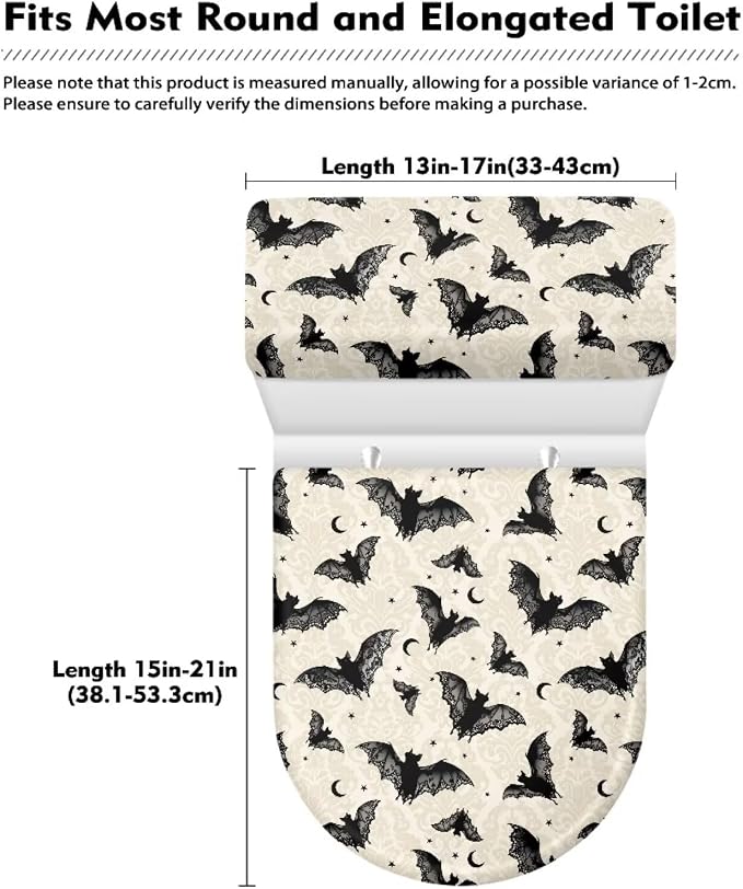 Bat Toilet Lid & Tank Covers for Bathroom, Gothic Toilet Lid Cover Round Non Slip Elongated, Set of 2, Halloween Party Decor