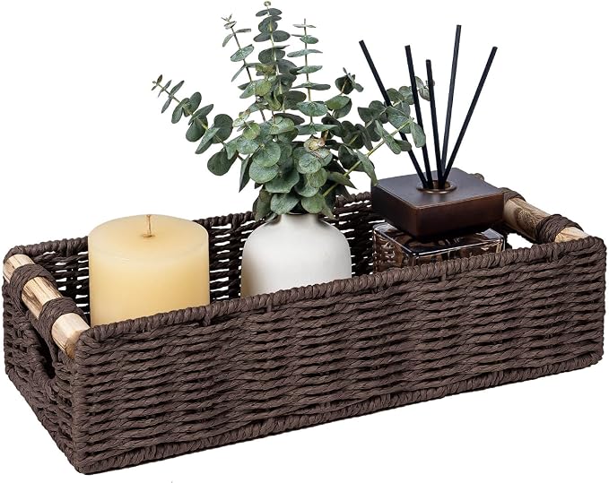 CubesLand Back of Toilet Storage Basket for Organizing w/Cut Out Handle, Handwoven Toilet Tank Top Paper Baskets, Small Wicker Decorative Basket for Countertop, Home, Living Room, Nursery, Brown