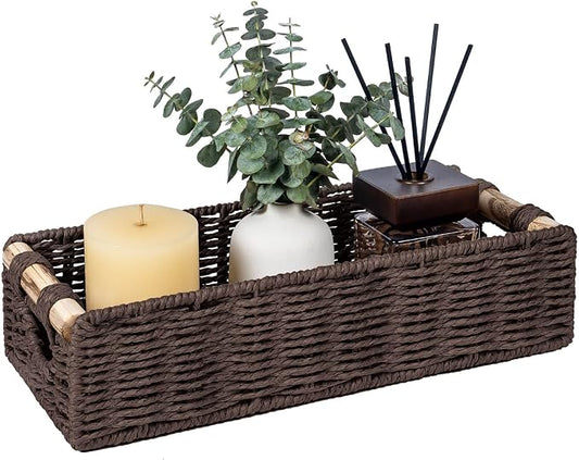 CubesLand Back of Toilet Storage Basket for Organizing w/Cut Out Handle, Handwoven Toilet Tank Top Paper Baskets, Small Wicker Decorative Basket for Countertop, Home, Living Room, Nursery, Brown