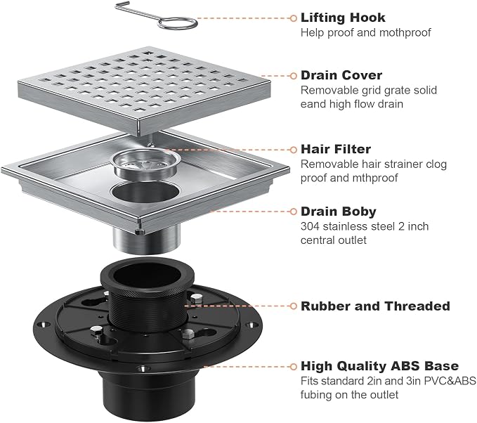 6 Inch Square Shower Drain Brushed with Removable Quadrato Pattern Grate, SUS 304 Stainless Steel Floor Drain with Flange