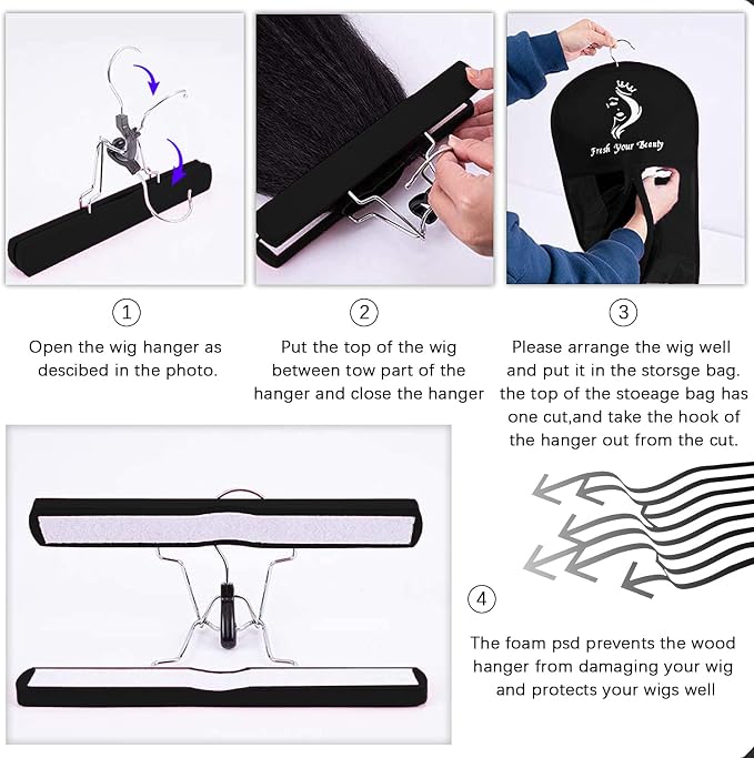 3PCS Extra Long Hair Extension Storage Bag Hairpieces Storage Holder with Wooden Hanger Dust-proof Portable Suit with Transparent Zip Up Closure- Light weight, Waterproof and Portable (Black)