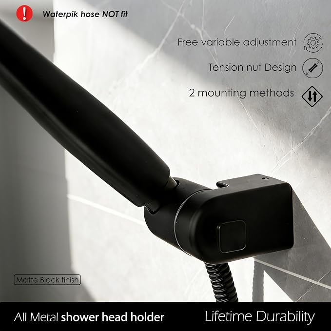 Wall Mount Handheld Shower Head Holder - All Metal -360 Variable Adjustable - Adhesive Or Screw Installation - Universal Shower Hose Holder - (Matte Black)