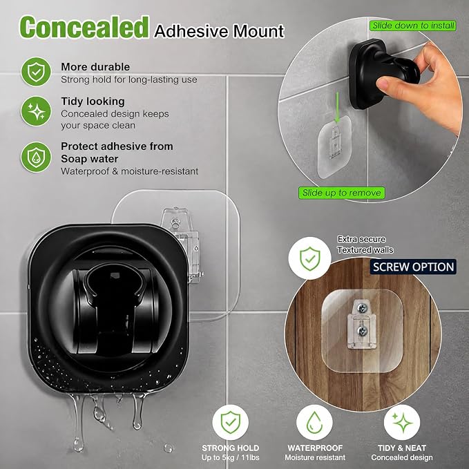 Handheld Shower Head Holder - 5 Positions Adjustable - Concealed Adhesive Mount with Screw Option- Bathroom Wall Mount Shower Hose Holder (Matte Black)