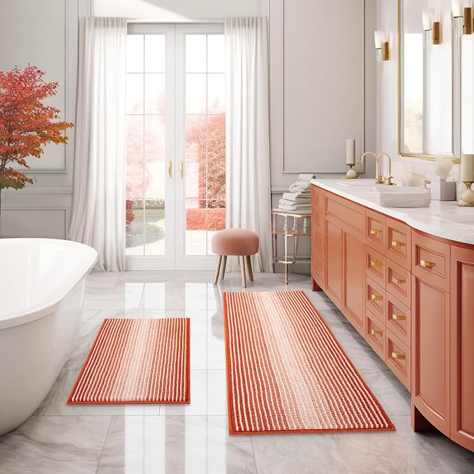 Bathroom Rugs Sets 2 Piece, Non Slip Fall Bath Mats, Sunset Orange | 20"x47" Plus 16"x24", Soft Absorbent Chenille, Quick Dry Machine Washable, Shower Rug for Bathroom Floor, Tub, Bedroom Decor