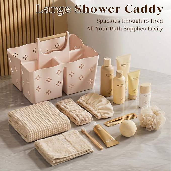 GVY Portable Plastic Shower Caddy, Large Capacity Shower Basket with Handle, Divided Bathroom Toiletry Organizer, Quick-Drain Shower Caddy for College Dorm Beach Kitchen Essentials, Cream