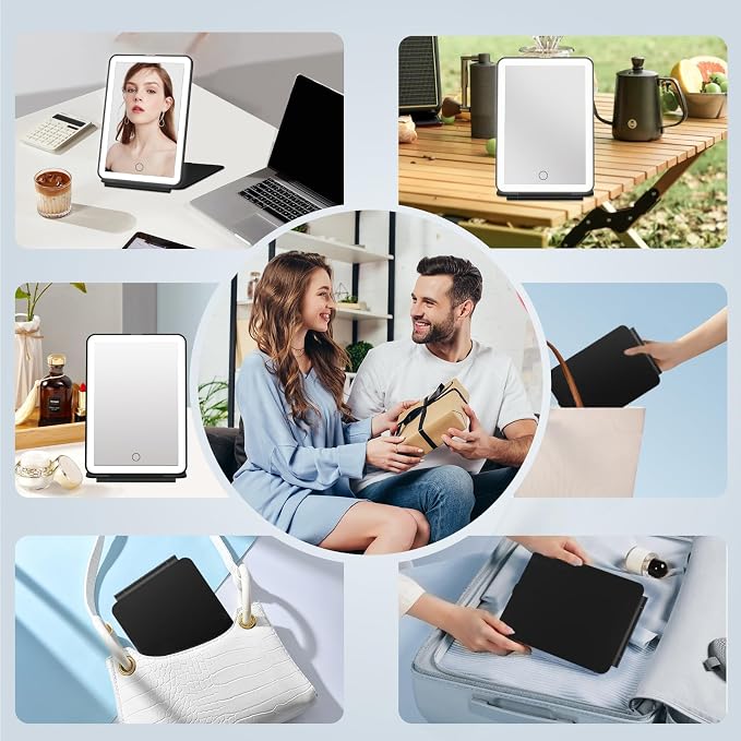 FUNTOUCH Rechargeable Travel Makeup Mirror with 72 Led Lights Portable | Lighted Beauty Mirror, 3 Color Lighting, Dimmable Touch Screen, Tabletop LED Folding Cosmetic Vanity Mirror