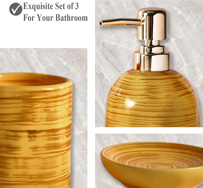 Bathroom Accessories Set, 3 Pcs Marble Look Bath Set Soap Dispenser & Toothbrush Holder Set, Counter Top Restroom Apartment Decor Stuff, Ceramic Kits, Unique Gift, Yellow