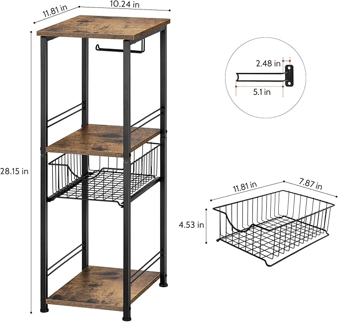 OYEAL Small Bathroom Floor Storage Cabinet 3 Tier Corner Storage Organizer with Drawer Freestanding Bathroom Towel Storage Unit for Small Space Laundry Room Entryway Kitchen, Rustic Brown