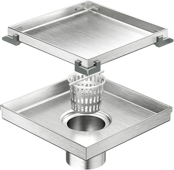 Neodrain Square Shower Drain with Removable Tile Insert Grate,304 Stainless Steel, CUPC Certified, Includes Hair Strainer (Brushed, 6 in)