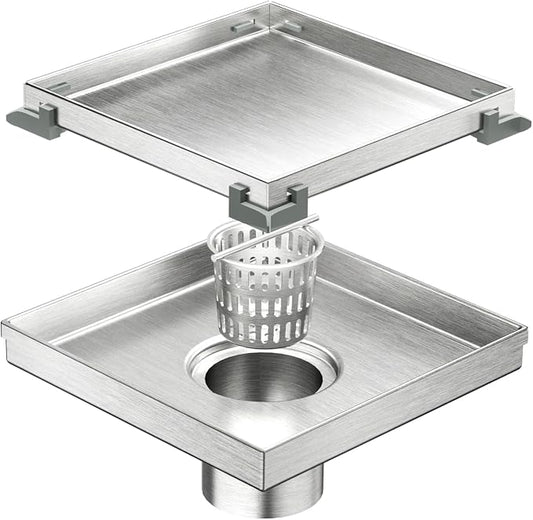 Neodrain Square Shower Drain with Removable Tile Insert Grate,304 Stainless Steel, CUPC Certified, Includes Hair Strainer (Brushed, 6 in)