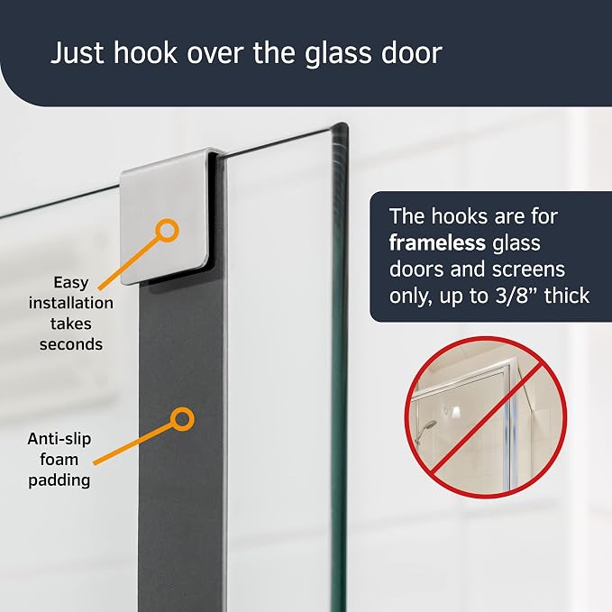 8" Shower Hooks, Silver, 2 Pack - Shower Towel & Door Hook for Frameless Glass Door (3/8" / 10mm)
