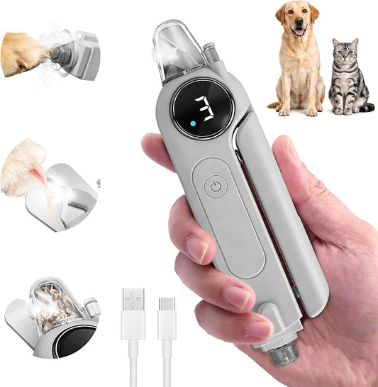 2-in-1 Quiet Electric Pet Nail Clipper & Grinder with Light for Dogs Cats (Gray) | Dual LED Lights,3-Speed Grinder,Nail Clipping Splash Guard,Type-C Rechargeable,Quiet Design for Anxious Dogs & Cats
