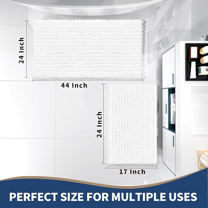Yimobra Bathroom Rugs Sets 2 Piece - Quick Dry Extra Thick Luxury Chenille Bath Mat, Non Slip Super Absorbent for Tub Shower Sink, Machine Washable Shaggy Floor Mat, 44"x24"+24"x17" Inch, White
