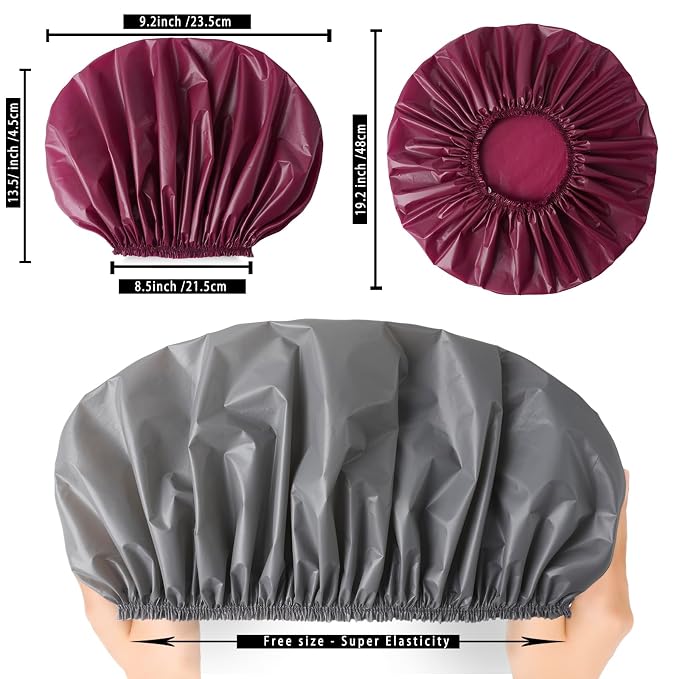 Super Jumbo Shower Cap for Women, 2 PCS Waterproof Hair Caps for Locs | Extra Large, Double Side Reusable PEVA Bath Cap, Washable, Holds Long Thick Twist Braid - Grey+Purple-red
