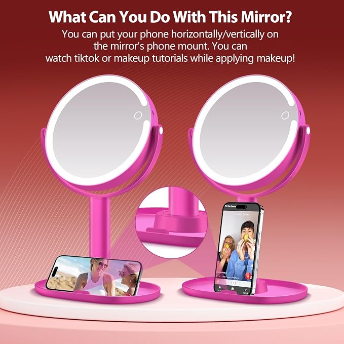 MIYADIVA Makeup Mirror with Lights, 20X Magnifying Mirror with Light and Touch Switch, 2-Sided Vanity Mirror with 3 Color and 80 LEDs, Hot Pink