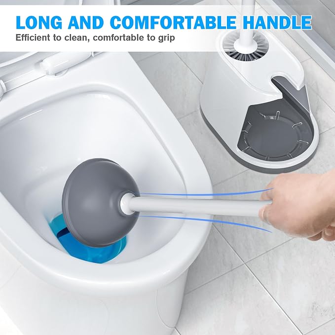 Toilet Plunger and Brush Set, Silicone Bowl Brush and Heavy Duty Toilet Plunger with Ventilated Holder, 2-in-1 Toilet Brush and Plunger Combo for 5.3-inch Toilet Drain Bathroom Deeply Cleaning