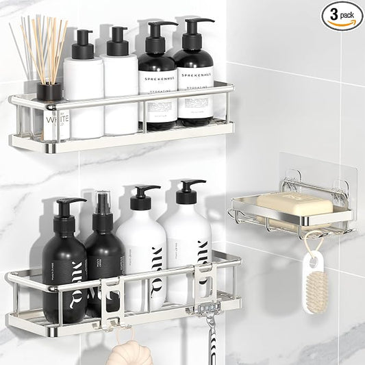 Shower Caddy Adhesive, Rustproof Shower Organizer with Soap Holder, Large Capacity Shower Shelves for Inside Shower, No Drilling Bathroom Organizers and Storage for Home Decor（3 Pack Silver）
