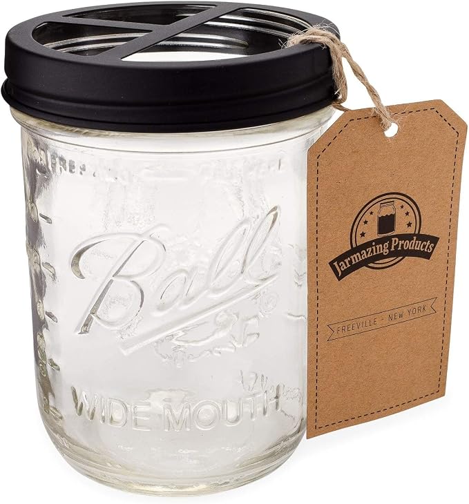 Jarmazing Products Mason Jar Toothbrush Holder – Black – with 16 Ounce Ball Mason Jar – Made from Rust-Proof Stainless Steel