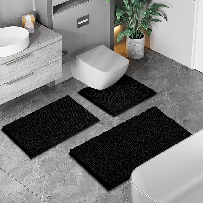 Run Helix Black Bathroom Rug Set Extra Soft Bath Rugs for Bathroom 3 Piece Bathrom Set Anti-Slip Bath Mats Soft Plush Chenille Shaggy Mat Living Room Bedroom Mat Floor Water Absorbent Floor Mat