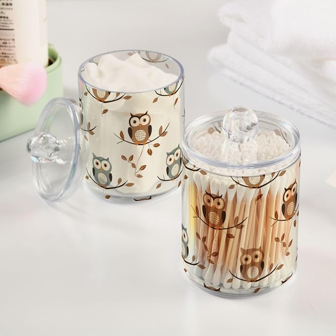 4 Pack Qtip Holder Dispenser Owl Forest Little Animal Cotton Ball Cotton Swab Round Pads Floss Clear Bathroom Storage Containers Plastic Apothecary Jars with Lids