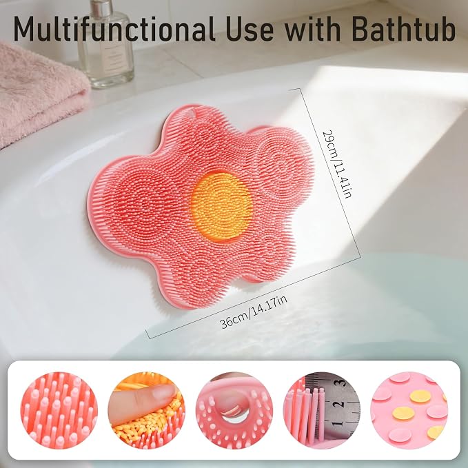 Shower Foot Scrubber Mat Silicone Back Scrubber Exfoliating Wall-Mounted, Feet Cleaner Message with Suction Cups Extra Long Bristles Washer Pad without Bending for Use in Shower Floor Women Pink
