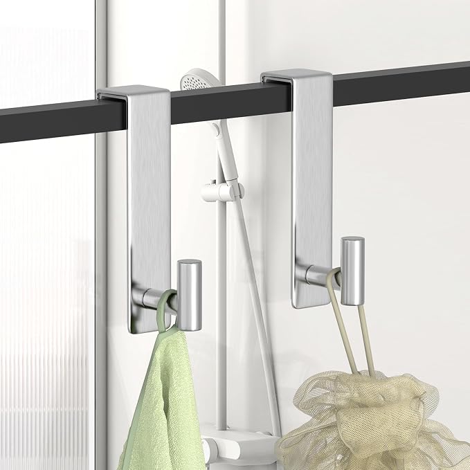 HUFEEOH Over The Door Hooks 2-Pack, Heavy Stainless Steel Coat & Towel Rack, No Drilling Scratch-Free Over Door Hanger Dorm Essentials Bathroom Accessories, Fits 1-3/4" Doors (“T” Shape - Silver)