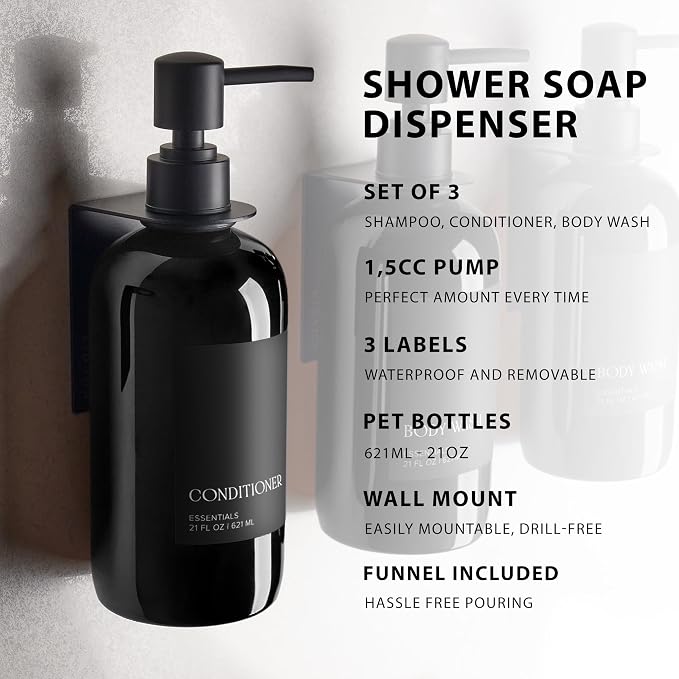 Stylish Shampoo & Conditioner Dispenser Set of 3 - Wall Mount, Drill Free | Modern 21oz Shower Soap Bottles with Labels - Easy Refill Body Wash Dispensers for an Instant Bathroom Decor Upgrade