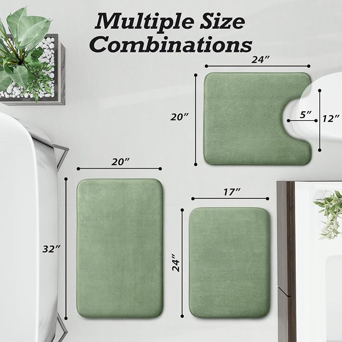 Bathroom Rugs Sets 3 Piece, Non-Slip & Quick Dry Bath Mat Set, Ultra Soft Velvet Bath Rugs for Bathroom, Toilet and Shower Floor, Grey Green