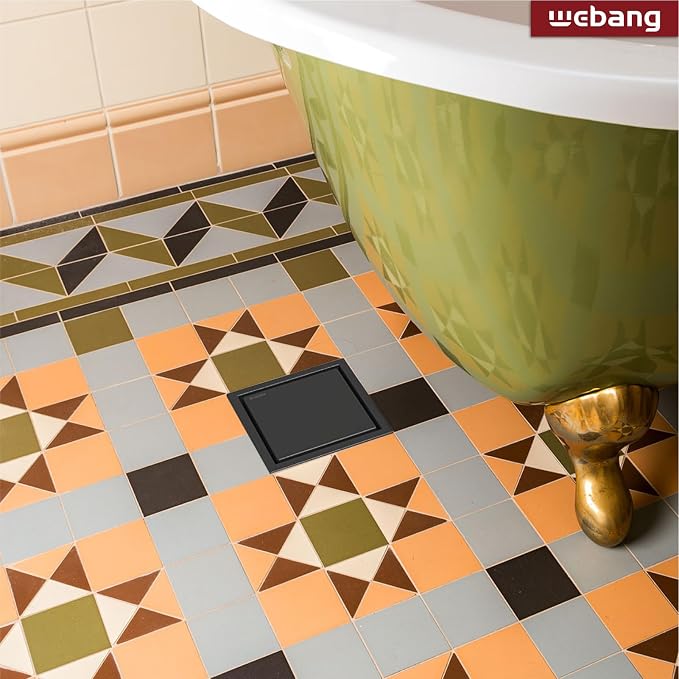 WEBANG 4 Inch Square Shower Drain Black Floor Drain with Flange Reversible 2-in-1 Cover Tile Insert Grate Removable SUS304 Stainless Steel CUPC Certified Matte Black