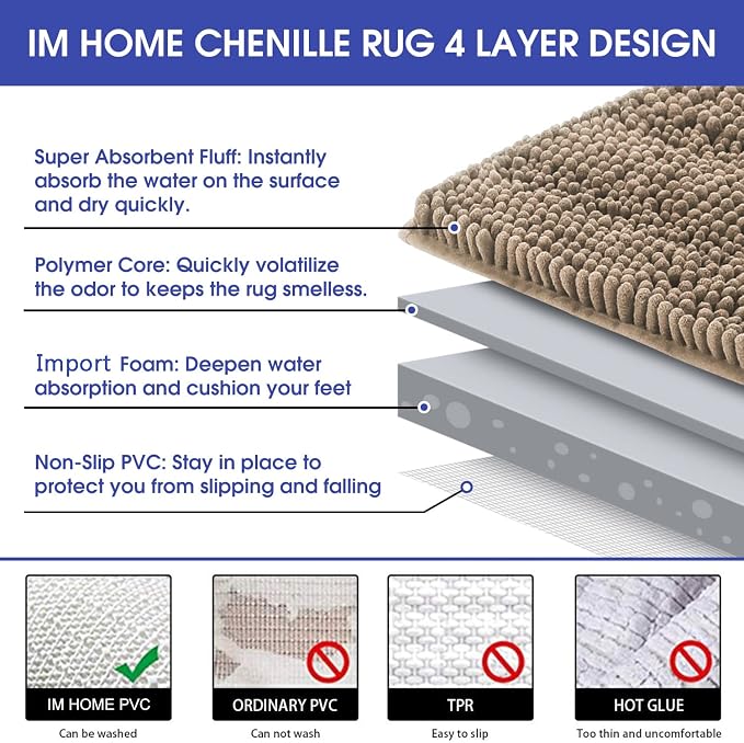 ACCUMTEK Striped Dark Beige Bathroom Rug Mat 59"x20" Ultra Soft, Non Slip Chenille Bath Rugs, Absorbent Plush Shaggy Bath Mats for Bathroom, Bedroom, Kitchen, Shower, Tub,Taupe