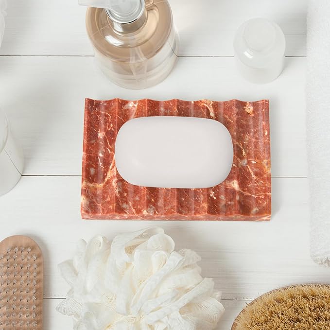 Luxury Marble Travertine Soap Dish Tray,Rectangle Stone Marble Soap Tray,Self Draining Soap Holder for Bathroom, Kitchen (Red Travertine)