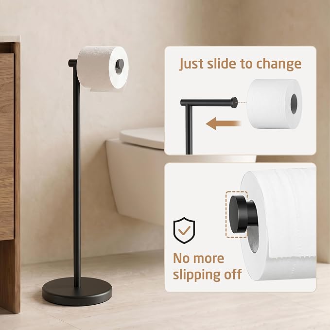 KES 26" H Black Toilet Paper Holder Stand with Weighted Base | 304 Stainless Steel Rustproof, Cement-Filled Base For Extra Stability, Fits Mega Rolls, Tool-Free Assembly, Hardware Included