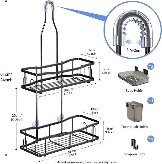 Hanging Shower Caddy Over Shower Head - No Drill Rustproof Shower Rack | Includes Soap Holder and Hooks for Shampoo, Conditioner, and Bathroom Essentials with Stable Storage in Any Shower Space