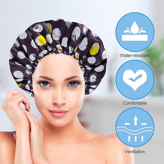 Shower Cap for Women Set of 4, Reusable Bath Caps + 2 Satin Hair Scrunchies | Double Layers, Waterproof Hair Caps, for Bath Accessories, Spa, Travel Home - Pattern A