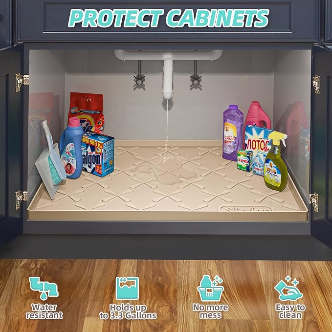 SIKADEER Silicone Under Sink Mats for Kitchen Waterproof 34" x 22", Raised Edge Cabinet Protector Shelf Liner, Bathroom Organizers and Storage Boot Tray Pet Mat