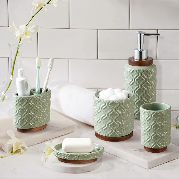RQYIXI Ceramic 5-Piece Bathroom Accessories Set,Green,with Cotton Swab Jar | ceramic and wood embossed design modern countertop organization