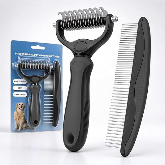 Pet Pro Grooming Tool for Dogs & Cats - Double Sided Deshedding Brush Undercoat Rake Dematting Comb, Reduces Shedding & Detangles Matted Fur(black-large)