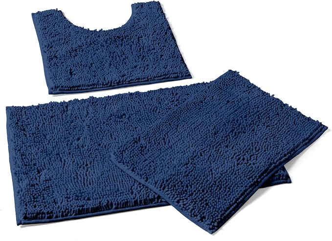 LuxUrux 3-Piece Bathroom Rug Set – Plush Chenille Bath Mats & U-Shaped Toilet Mat, Ultra-Soft, Absorbent & Non-Slip (20x20 U, 16x24 & 20x30 inches, Blue)
