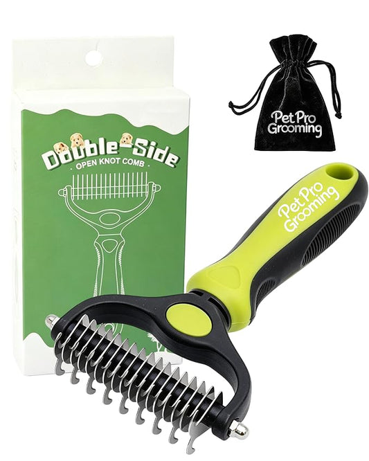 Pet Pro Grooming Tool, 2-In-1 Deshedding Dog Brush, Double-Sided Grooming Tool for Thick Coats, Rounded-Tooth Comb for Painlessly Removing Knots and Loose Hair (Green-Large)