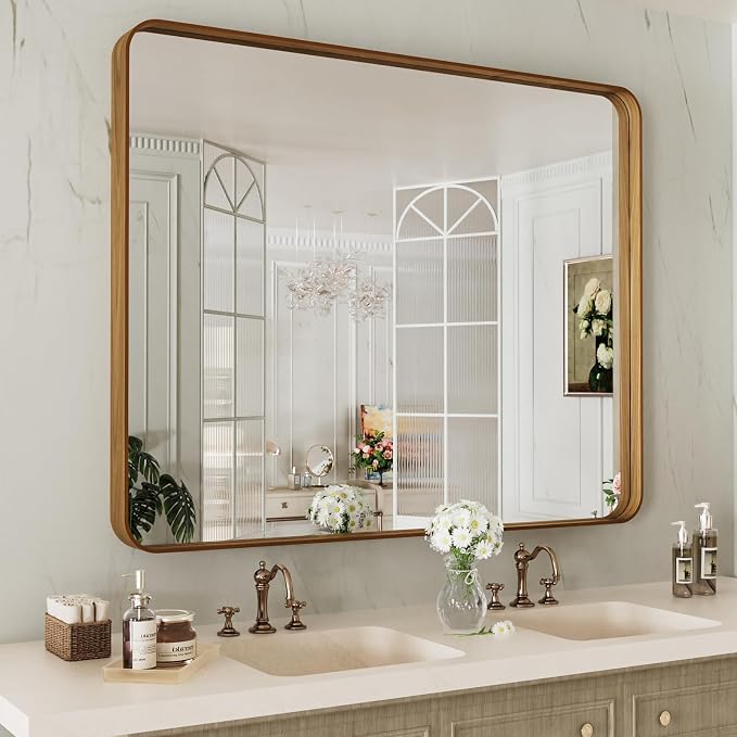 LOAAO 40X24 Inch Bathroom Mirror with Wood Grain Colored Metal Frame | Rounded Rectangle Metal Framed, Anti-Rust, Hangs Horizontally or Vertically