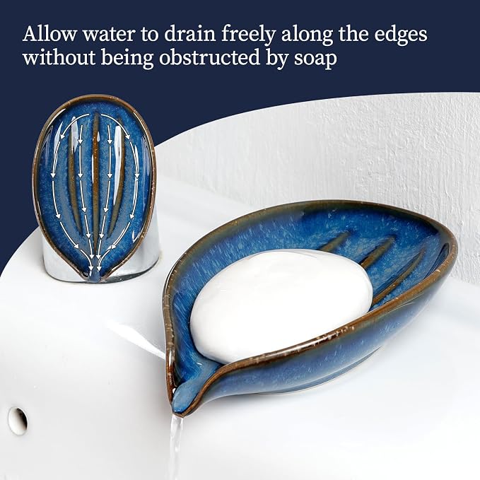 Soap Dish, Self-Draining Soap Holder, Leaf Shape Ceramic Bar Soap Holder Drain Soap Dishes for Bathroom Sink Kitchen, Easy to Clean Keeps Soap Dry, Blue, ANTIS'S HOME