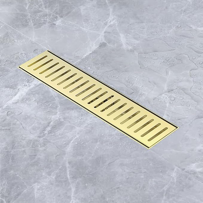 12 Inch Linear Shower Drain Bathroom Kitchen Golden Floor Drain Removable Capsule Pattern Cover Accessories Shower Drain 304 Stainless Steel Drain with Hair Strainer Adjustable Leveling Feet