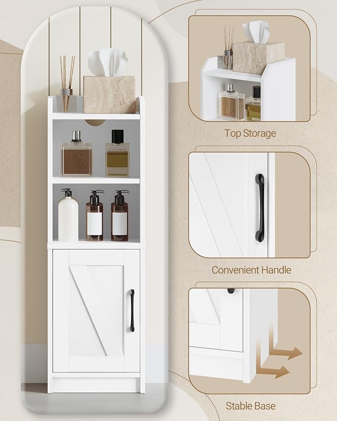 Hzuaneri Bathroom Storage Cabinet, Small Farmhouse Corner Floor Cabinet with Door and Shelves, Narrow Toilet Paper Holder Stand, Bathroom Organizer with Adjustable Shelf, for Small Spaces, White