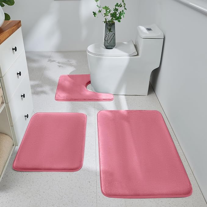 HUXMEYSON 3-Piece Memory Foam Bathroom Rug Set, Pink | Quick Dry Velvet Surface, Non-Slip & PVC Backing, Ultra Soft Bath Rugs for Bathroom, 17"x24"+20"x32"+U Shape 20"x24"