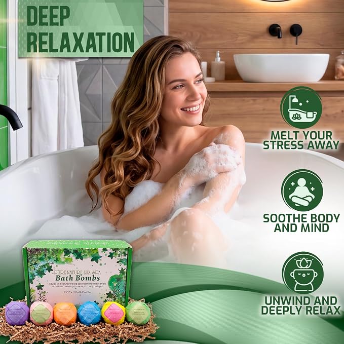 Bath Bombs Gift Set - 6 Individually Wrapped Aromatherapy Fizzies with Coconut and Essential Oils - Relaxing Spa Gift for Women - Set of 6 (2 Oz Each)