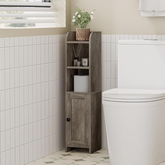 Homhedy Small Bathroom Storage Corner Floor Cabinet with Door and Shelves, Beside The Toilet Paper Stand for Skinny, Narrow Toilet Paper Cabinet, 7.9" D x 7.1" W x 31" H, Greige