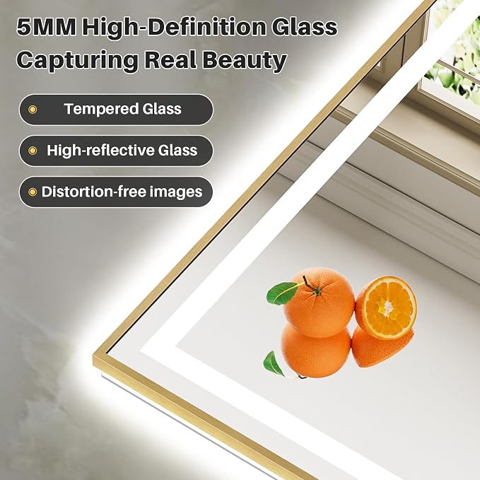 36x30 Inch LED Bathroom Mirror with Gold Frame, Backlit & Front Lit | Anti-fog, 3 Color Dimmable, Memory Function, HD Reflection Tempered Glass, ETL Listed, IP54 Waterproof