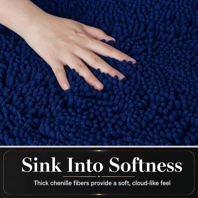 Bathroom Rugs Chenille Bath mat 3 Piece Set, Super Absorbent, Strong PVC Non Slip Backing, Bath mats for Bathroom, Plush Shaggy, Thick, Machine Washable, Bathtub, Toilet, Navy Blue